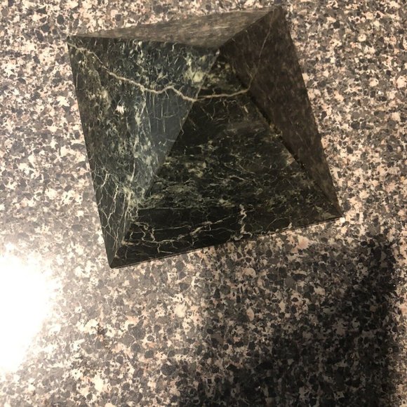 Decorative Marbled Stone Pyramid in Hues of Dark Green, Grey, & White - Picture 3 of 6